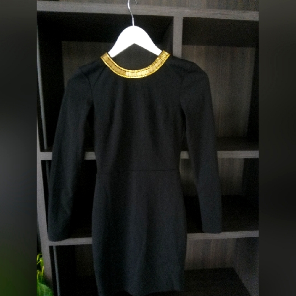 H&M, Size 2, Black Long Sleeve Dress with Golden Sequin collar